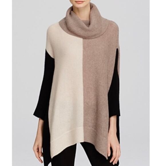 360 Cashmere Neutral Colorblock Turtleneck Poncho Knit Sweater Pullover - Picture 4 of 8